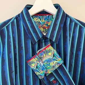 Robert Graham Men Medium Teal Stripe Vibrant Cotton Button Up Long Sleeve Shirt